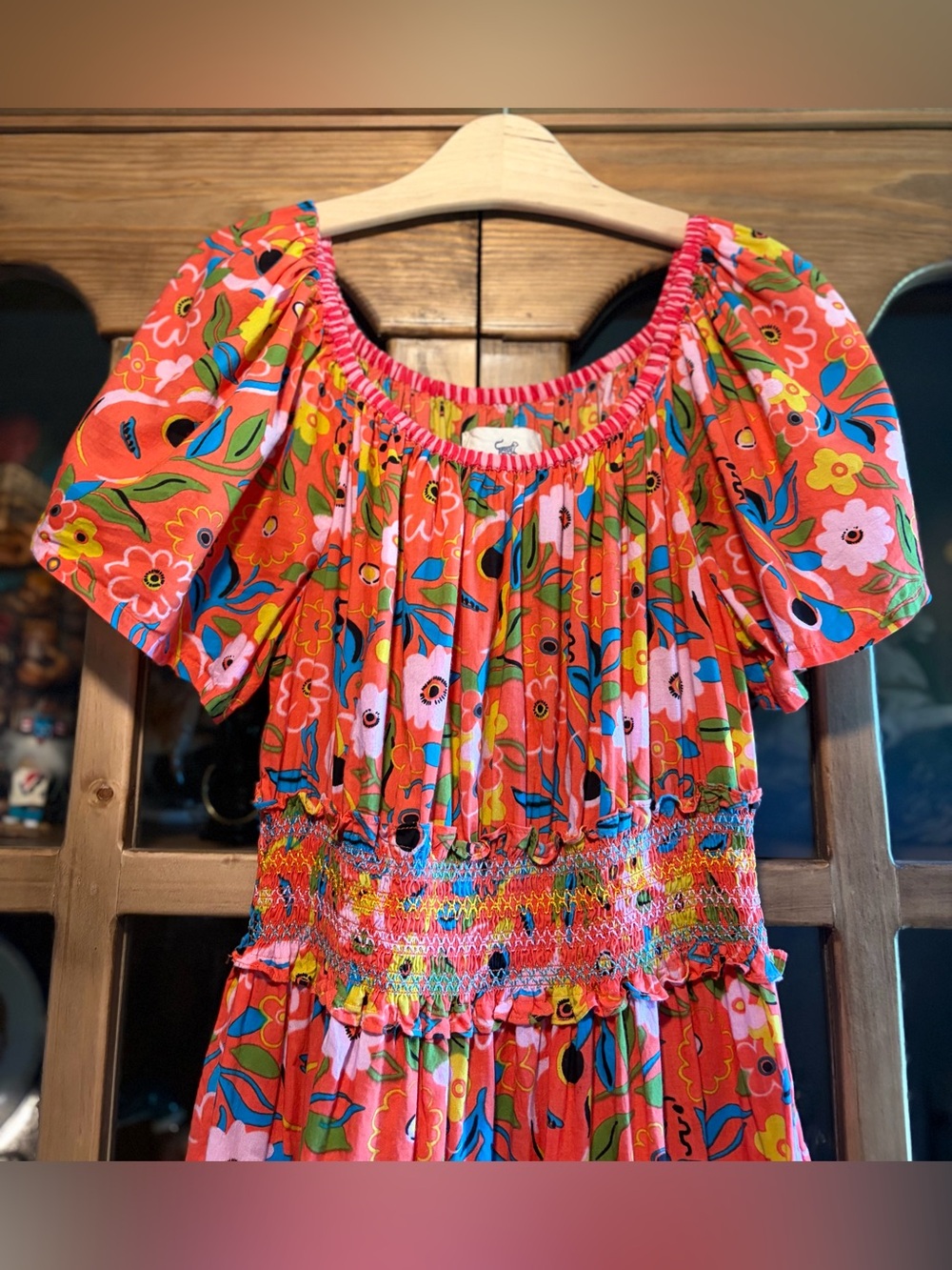 Printfresh Penciled In Dress Size Medium Bright Floral Maxi Dress Coral & Blue - Picture 7 of 11